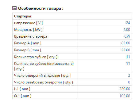 Tabelul mărit cu parametrii demarorului S0130 din catalogul AS‑PL