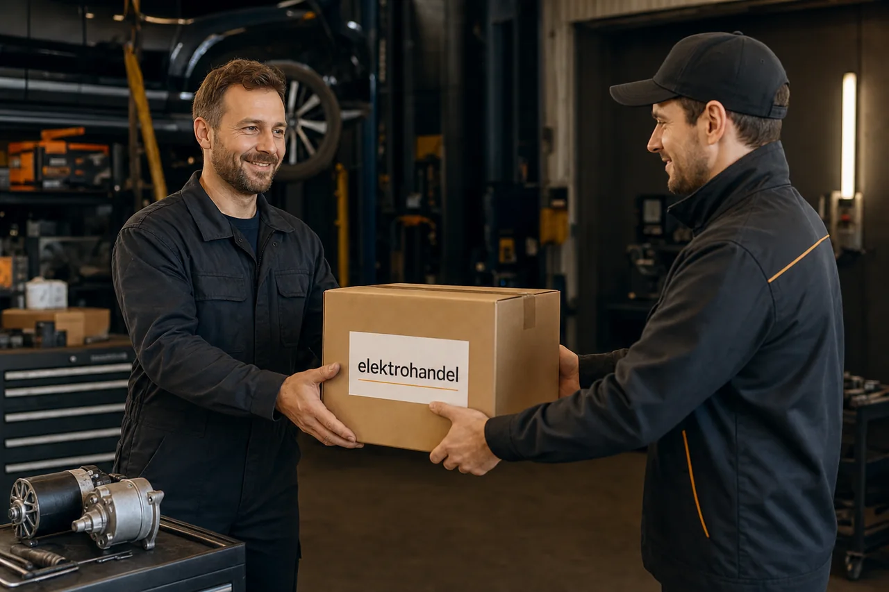 Сотрудник автосервиса получает заказ от доставки Elektrohandel